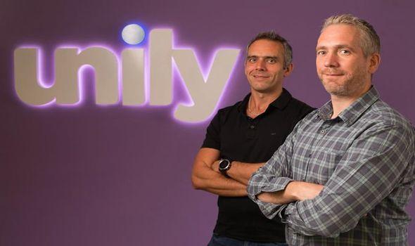 Unily co-founders Richard Paterson, left, and Will Saville, right, standing beside the Unily name