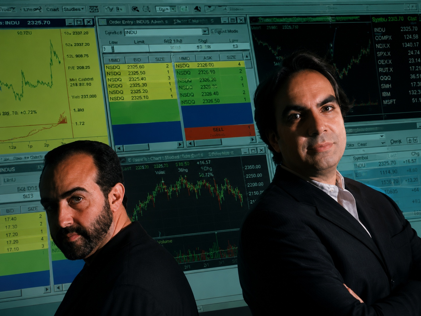 Archival photograph of the Cruz brothers in front of trading charts and order-entry screens