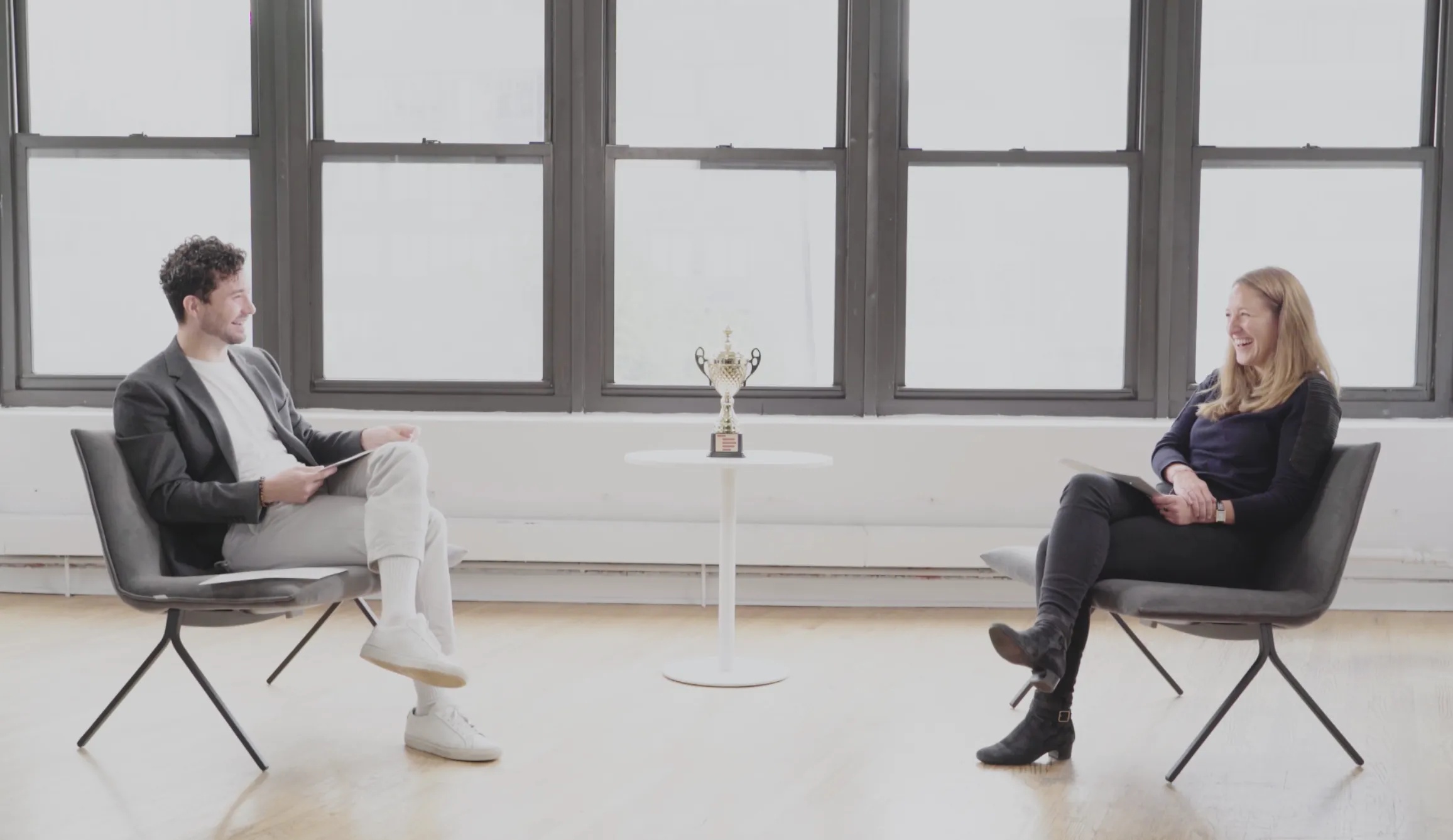 William Falcon, left, talking with Sarah Cannon during their Index Ventures interview