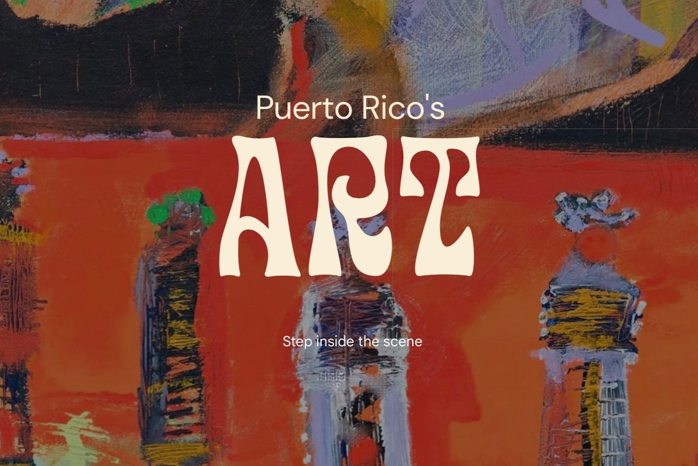 Puerto Rico's Art digital exhibition displayed over a vivid abstract painting