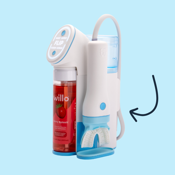 Willo AutoFlo+ automatic toothbrush system with mouthpiece and toothpaste bottle