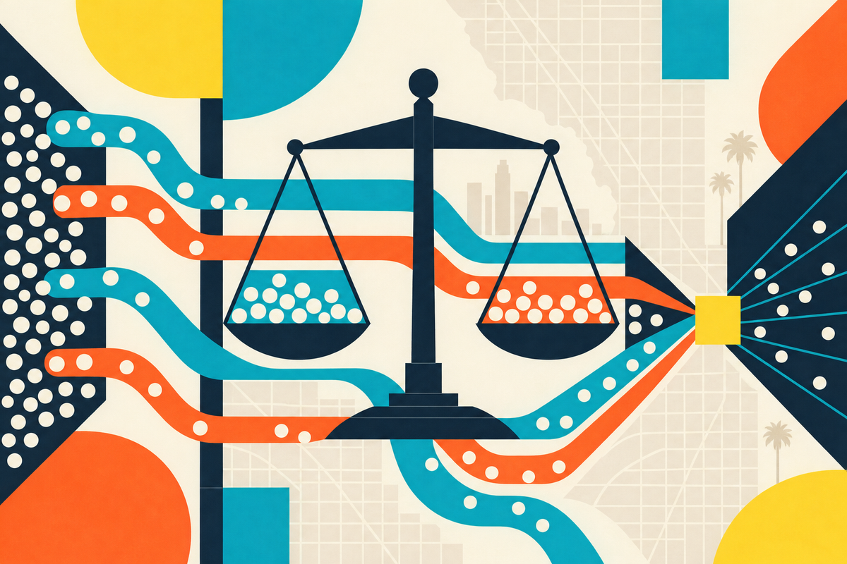 Abstract Swiss-style composition showing many small claimants moving through a balanced legal system