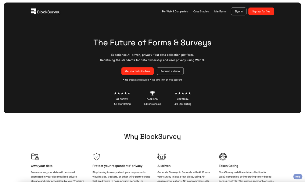 Historical BlockSurvey website showing data ownership, privacy, AI and token gating features