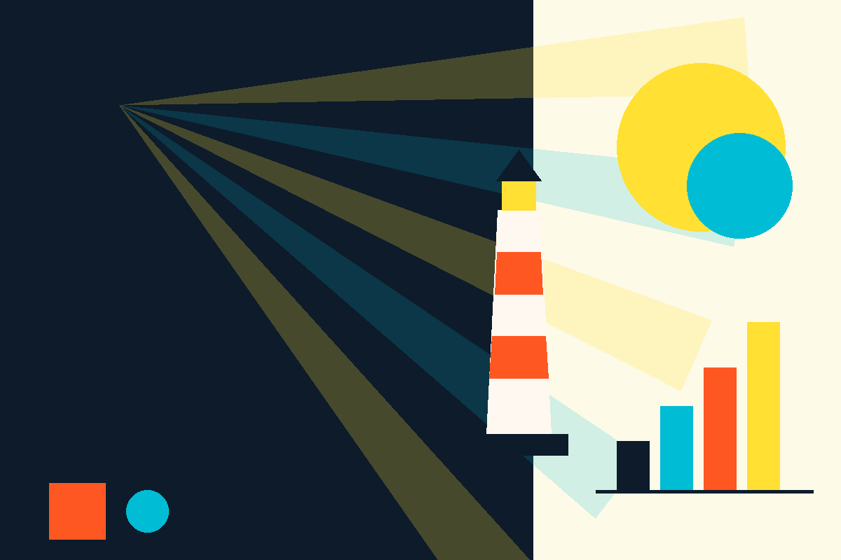 Swiss-style graphic of a lighthouse casting a beam over rising growth bars