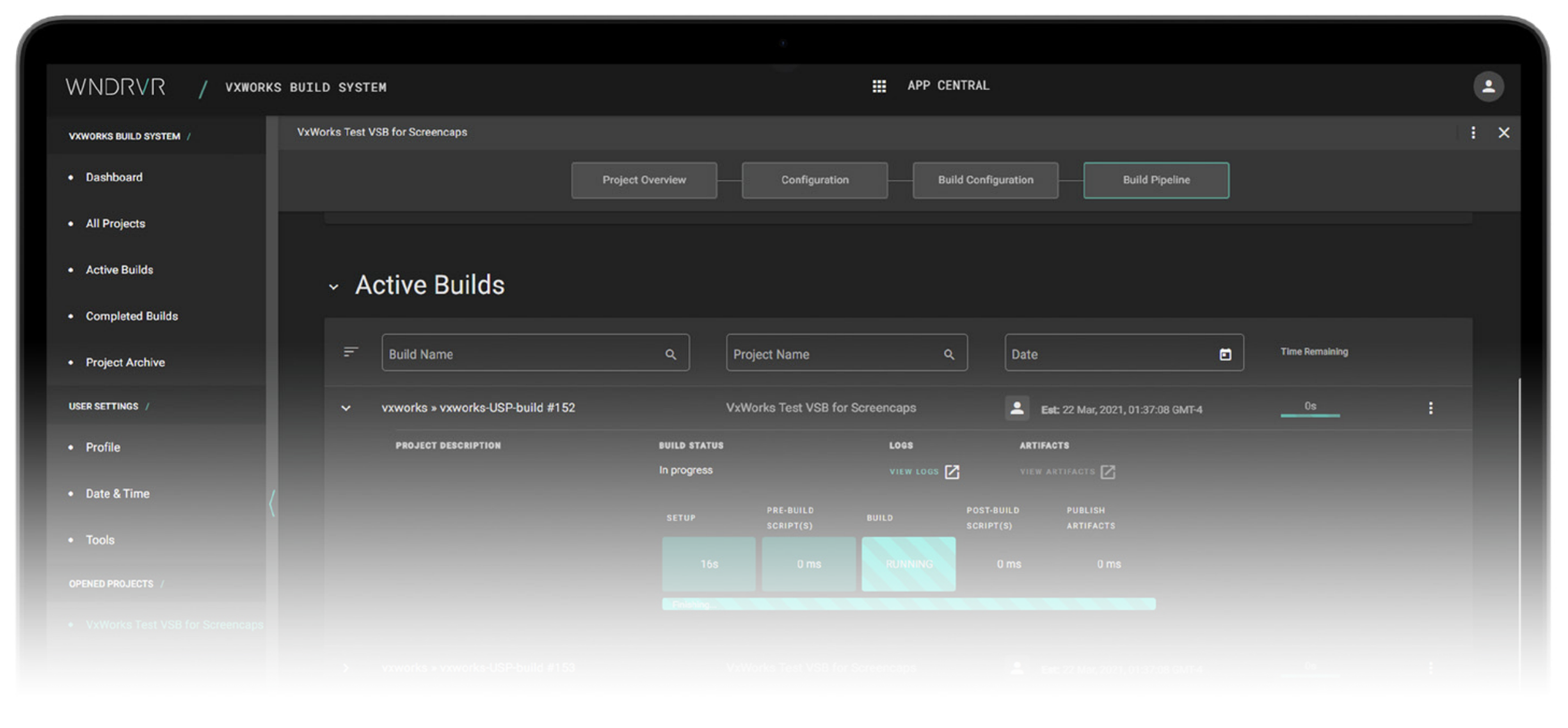 Wind River Studio interface showing an automated VxWorks build pipeline