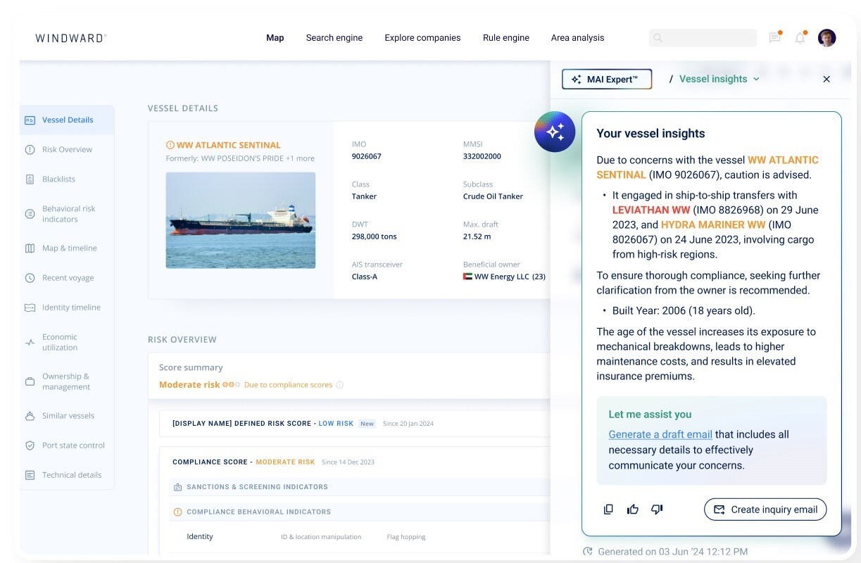 Windward MAI Expert interface showing a vessel profile, risk indicators and an AI-generated analysis