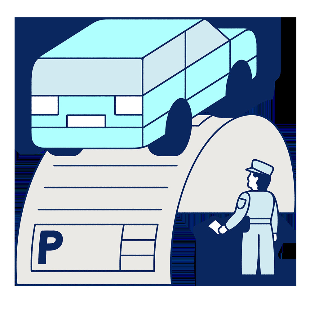 WinIt illustration showing a parking ticket, a vehicle and a traffic officer
