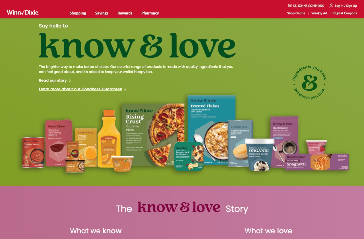 A historical Know and Love launch webpage showing colorful grocery packaging including pizza, cereal, pasta and ice cream