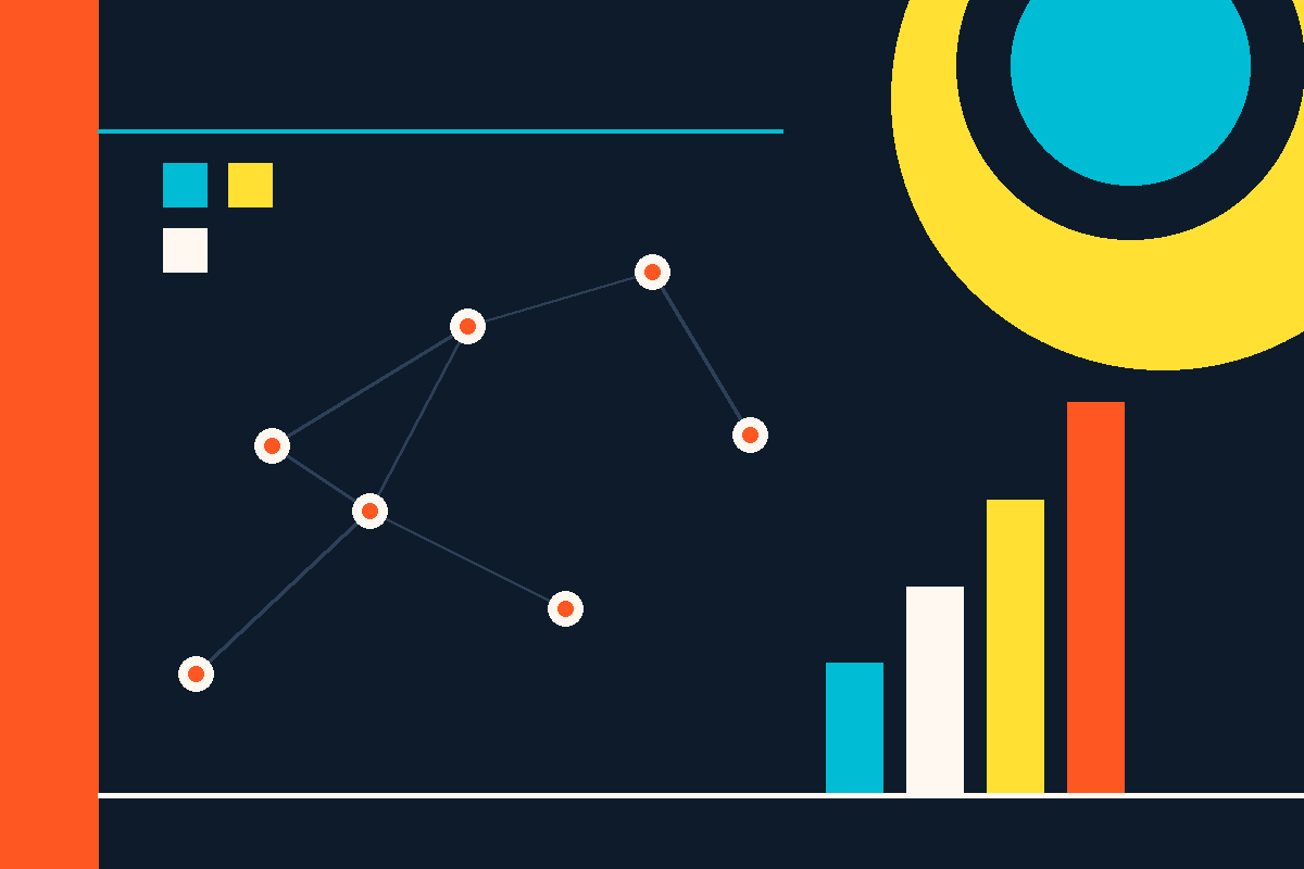Swiss-style abstract graphic of connected nodes, growth bars, and a circular mark
