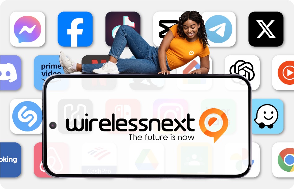 Wireless Next promotional image showing a smartphone surrounded by popular app icons