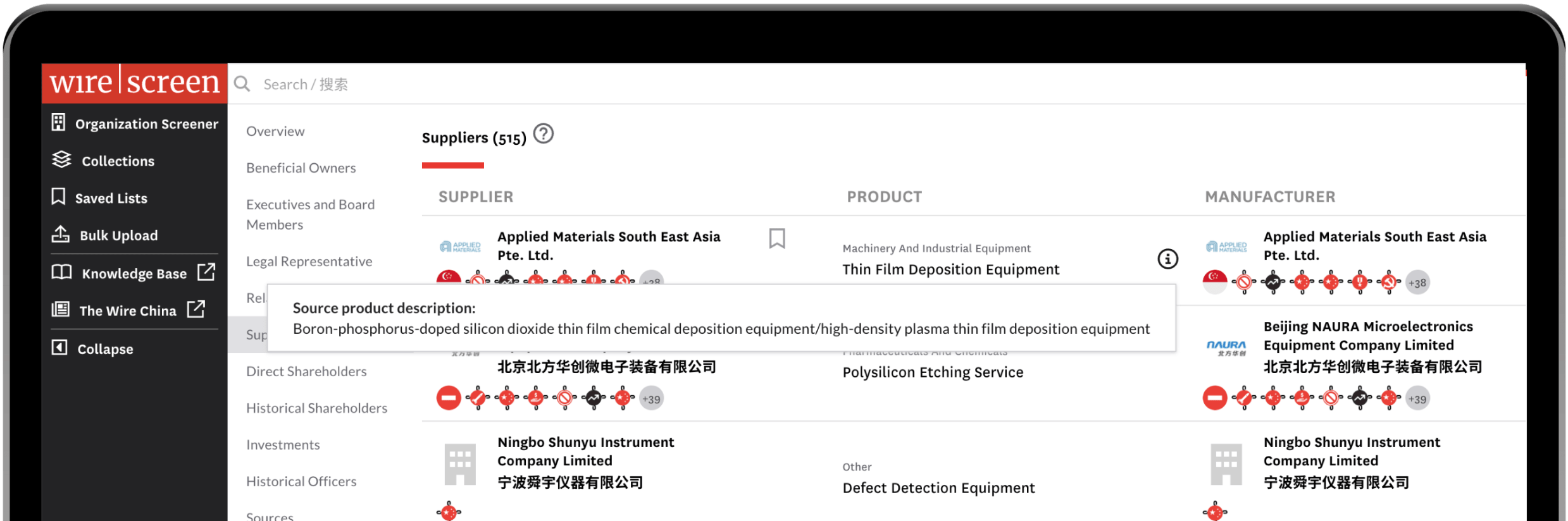 WireScreen platform showing supplier records and risk indicators