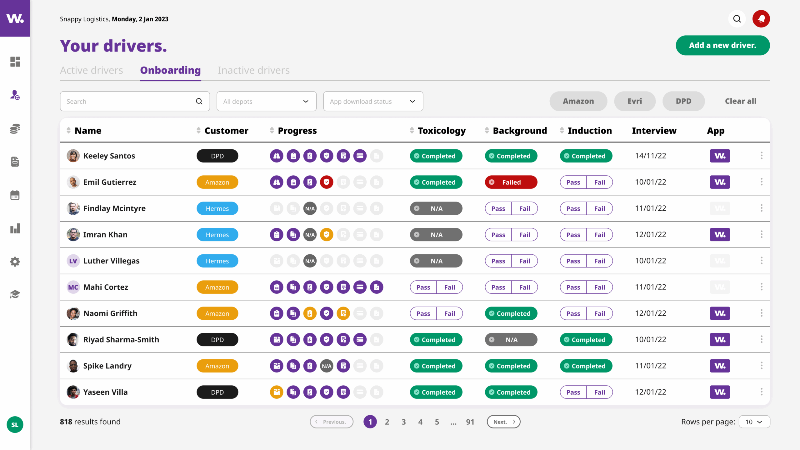 Wise's published demonstration dashboard showing driver onboarding progress, evidence and checks