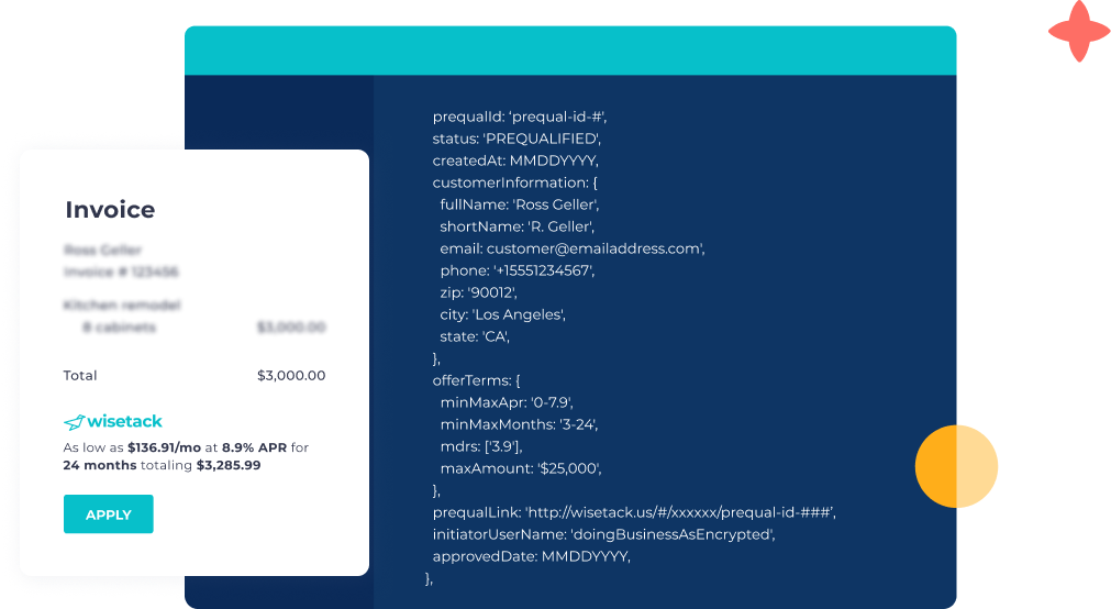 Wisetack illustration showing financing code beside a service invoice
