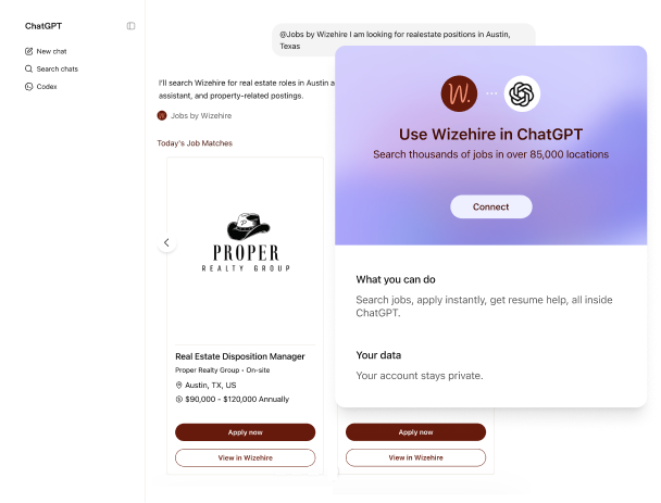 Jobs by Wizehire interface displaying conversational job search in ChatGPT