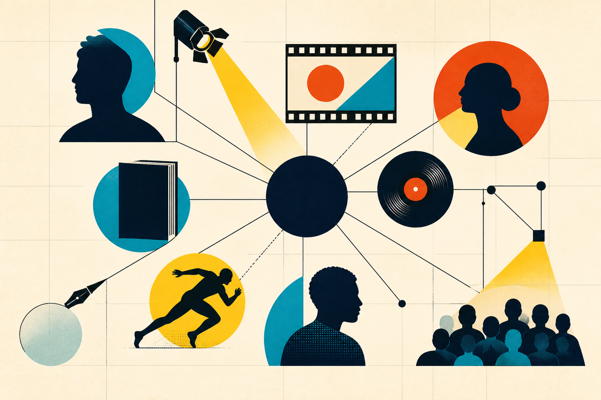 Abstract Swiss-style network connecting silhouettes, a film frame, a book, a record, an athlete and an audience through a central hub