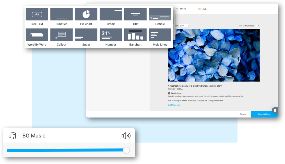 Wochit Studio product illustration showing text treatments, licensed imagery, and background music controls
