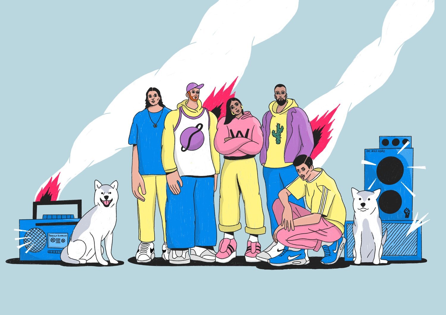 Wolf Den’s illustrated crew portrait, with colorful clothes, two white canines and speakers