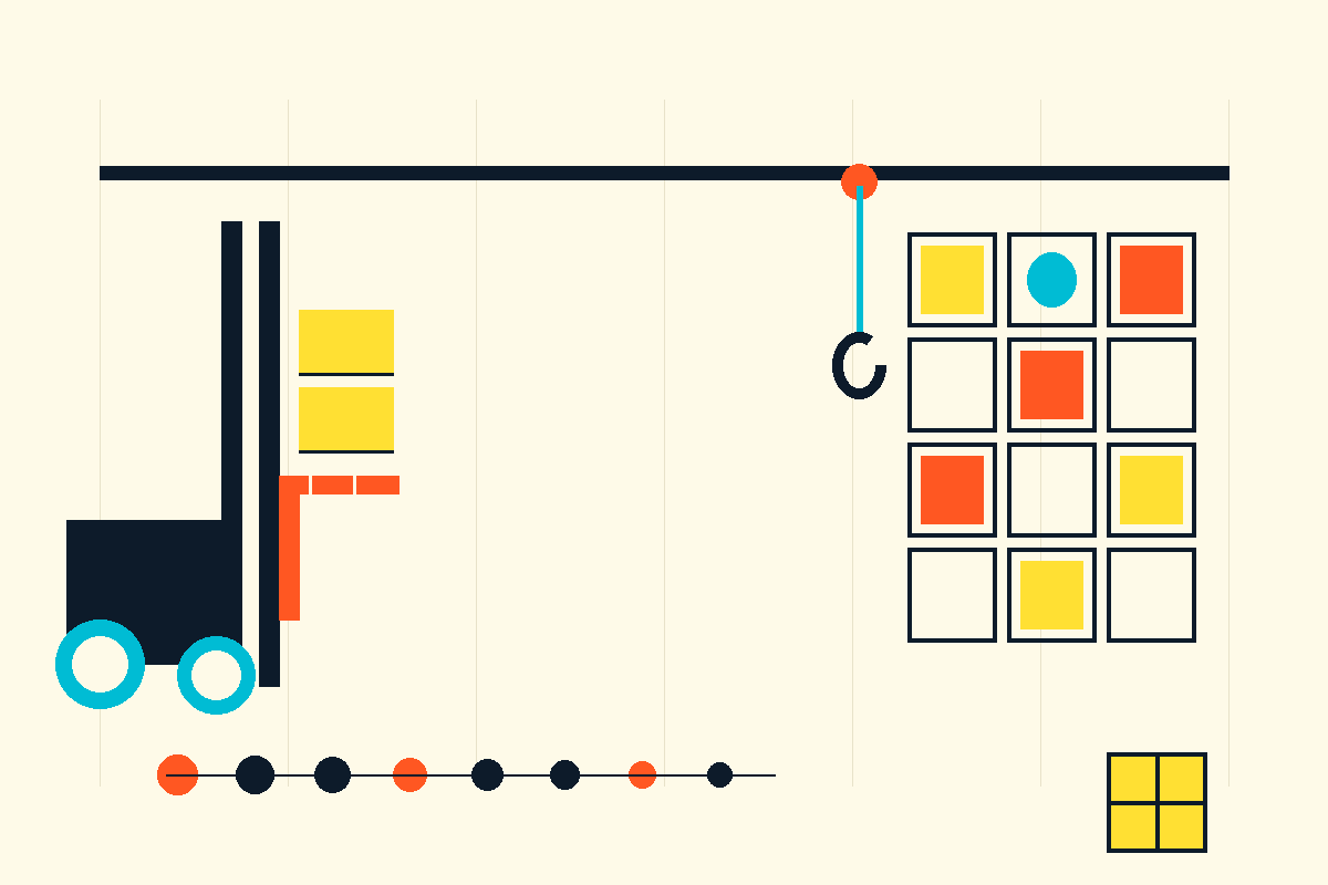 Swiss-style geometric illustration of a forklift, pallet racking, an overhead crane hook and automated vehicles