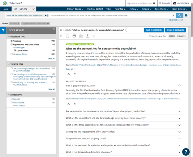 VitalLaw search screen showing an editorially curated answer with a linked tax-law source