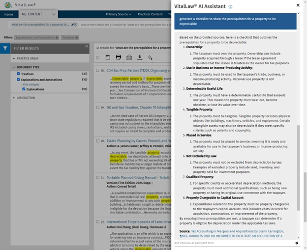 VitalLaw’s 2024 AI Assistant generating a checklist alongside legal research results
