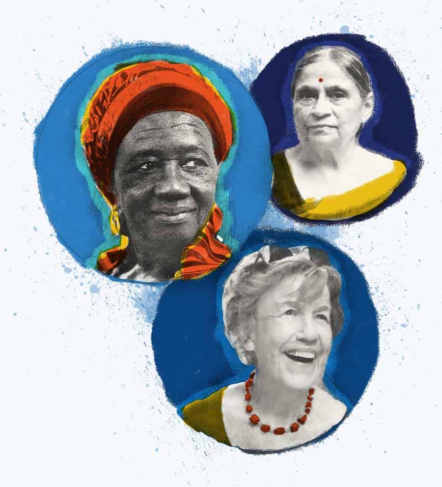 Women’s World Banking’s illustrated collage of Esther Ocloo, Ela Bhatt and Michaela Walsh