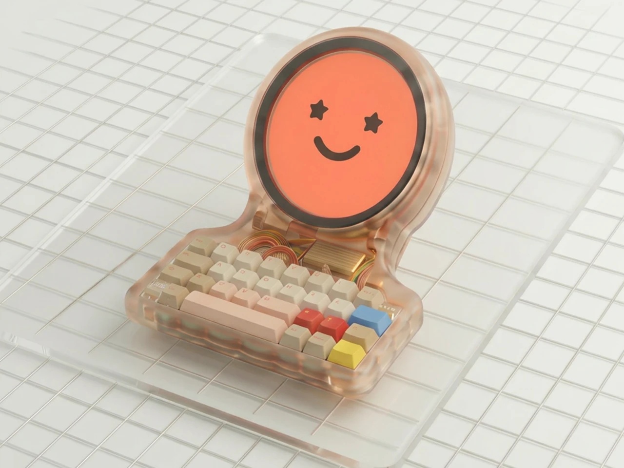 Translucent orange digital-pet-style device with a smiling circular screen and a small keyboard