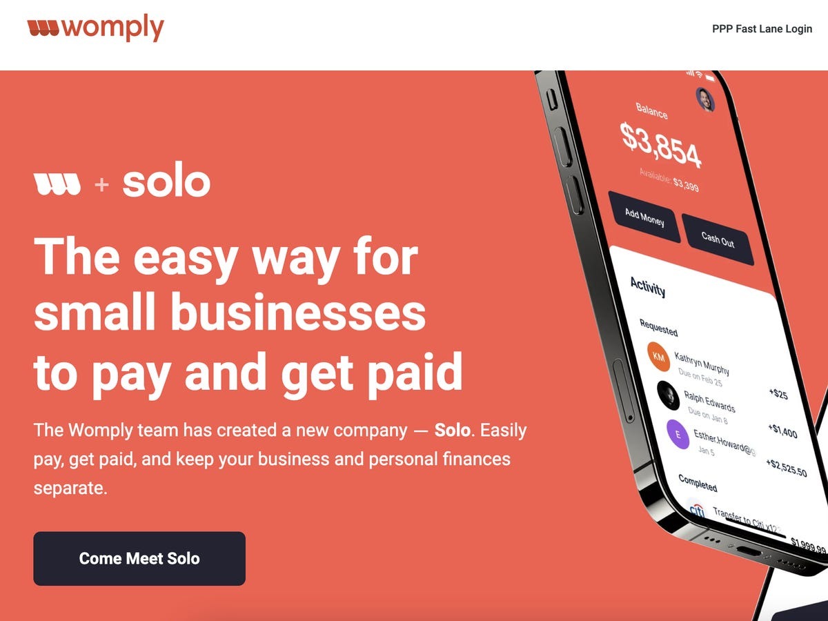 Historical Womply website promoting Solo, a later small-business payments venture, with a phone mockup