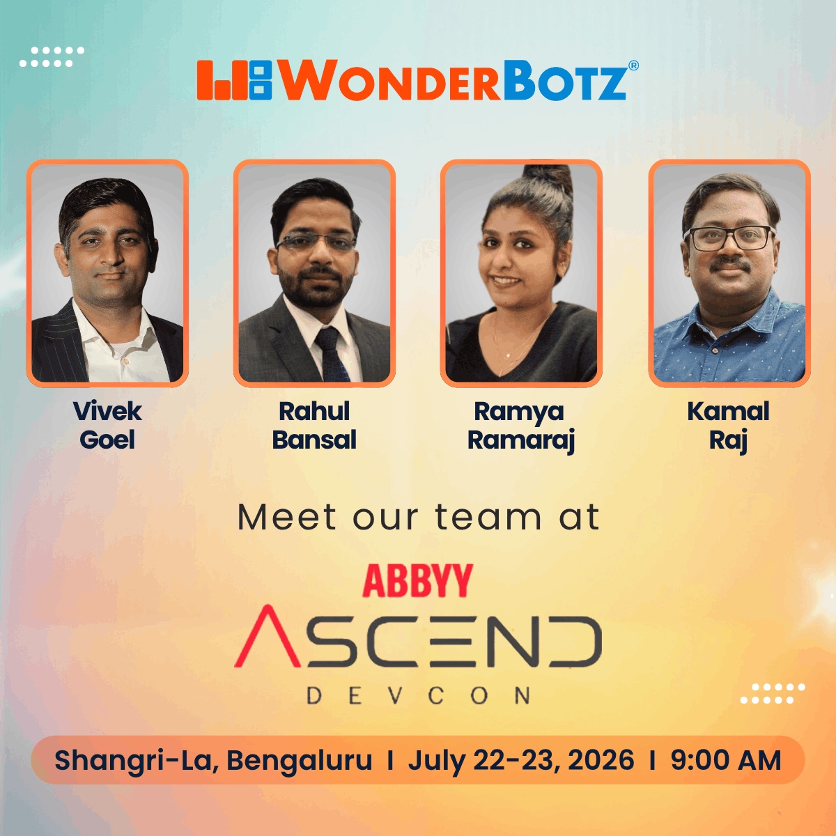 WonderBotz event artwork showing Vivek Goel, Rahul Bansal, Ramya Ramaraj and Kamal Raj for ABBYY Ascend DevCon in Bengaluru