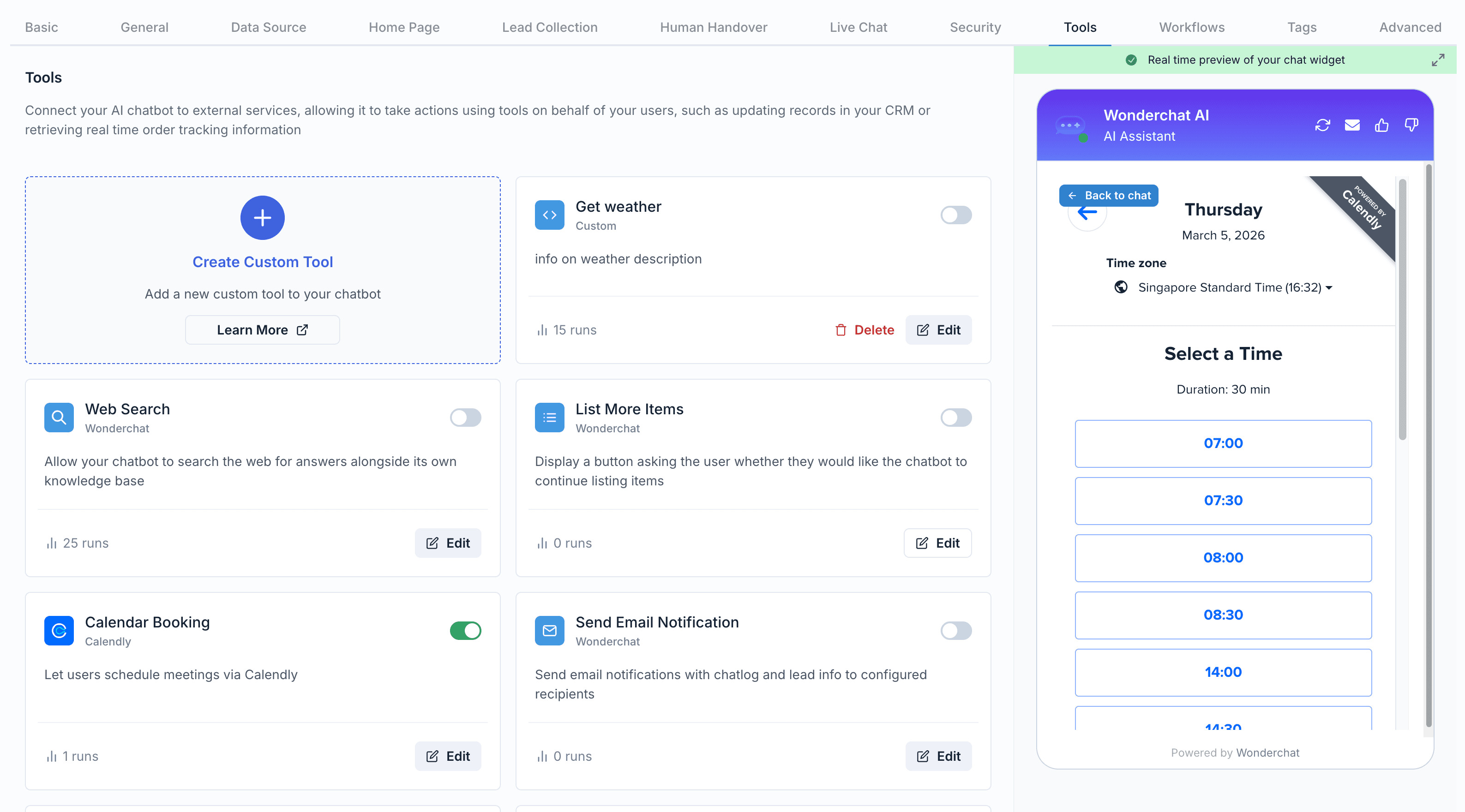 Wonderchat dashboard showing agent setup and knowledge controls