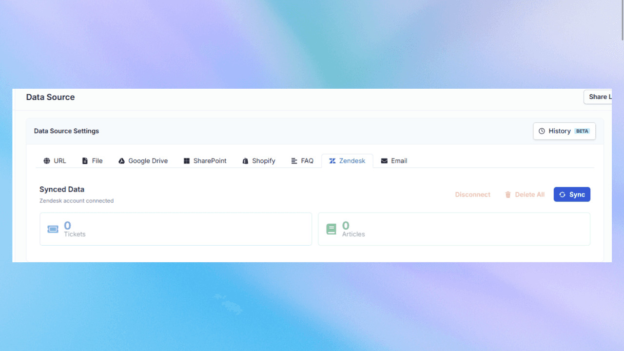 Wonderchat interface listing connected knowledge sources and sync controls