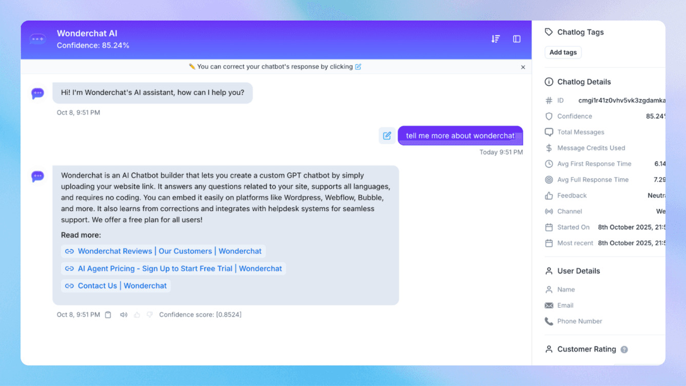 Wonderchat chat widget answering from connected content with source controls visible