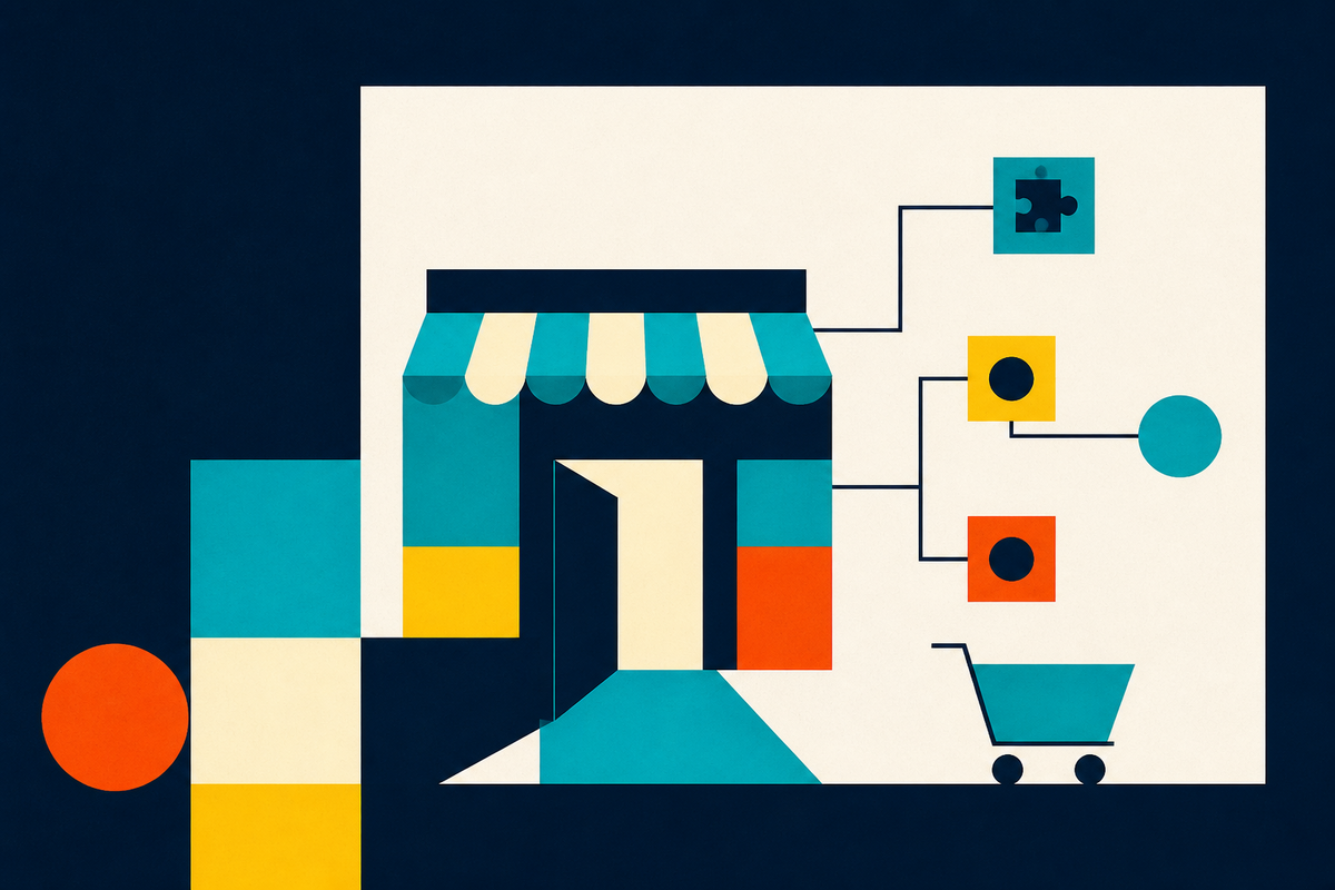 Abstract Swiss-style storefront connected to modular commerce services