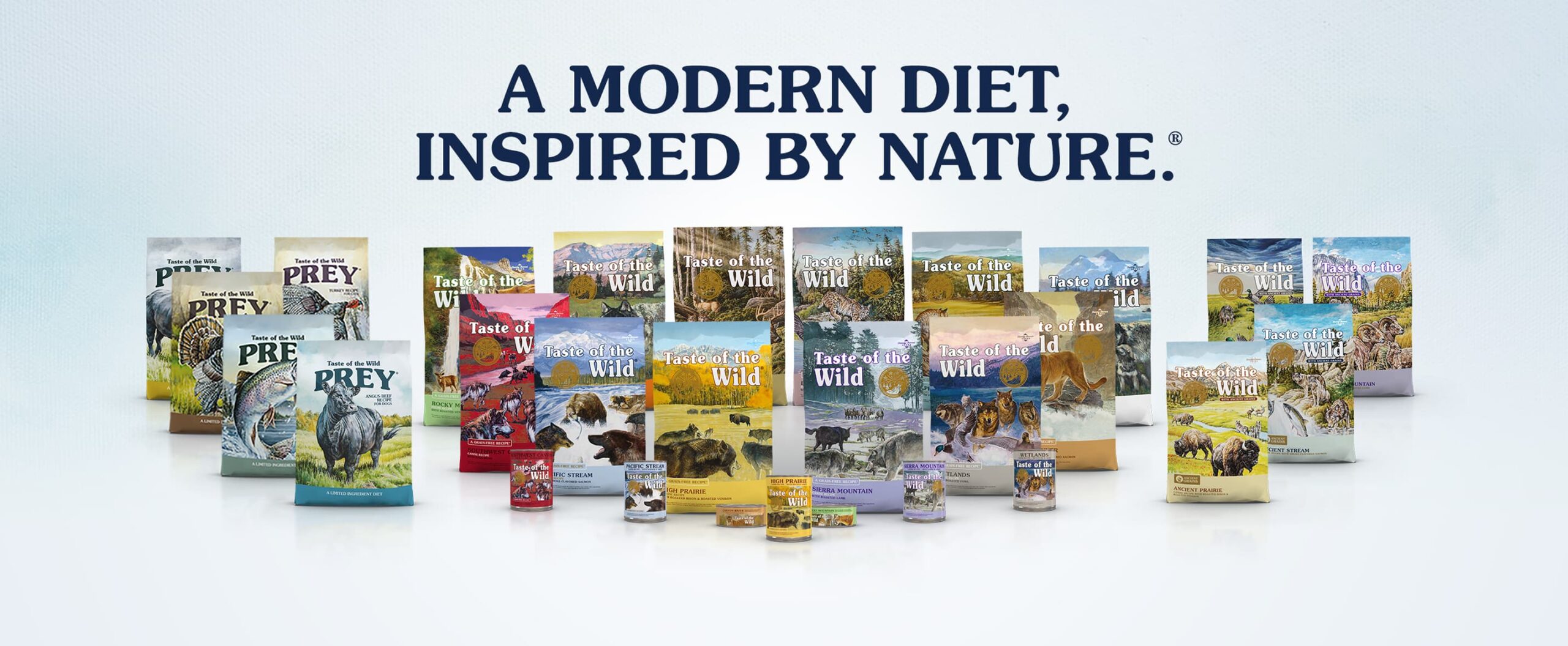 A lineup of Taste of the Wild pet-food products created for different dogs and cats