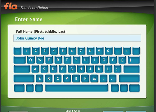 Saflink flo airport kiosk name-entry screen with blue touchscreen keyboard and step five of eight indicator