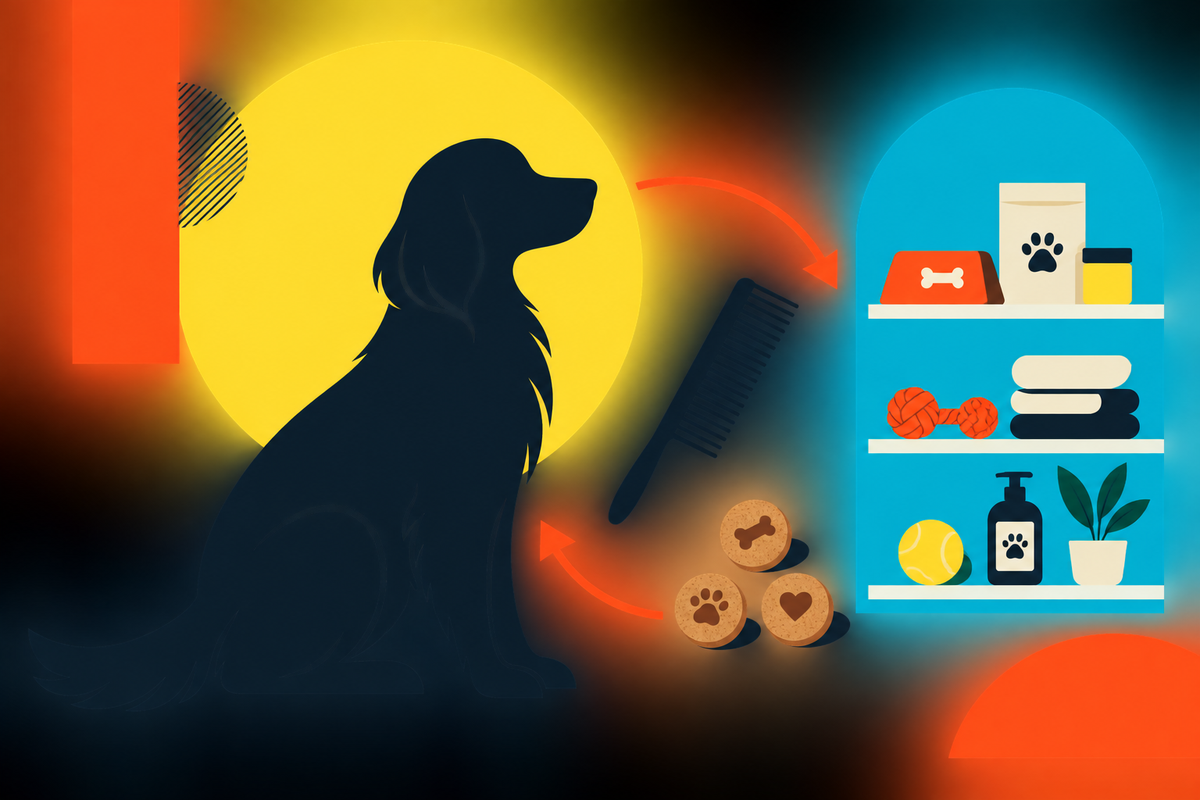 Swiss-style illustration of a dog, grooming comb, treats and pet retail shelf