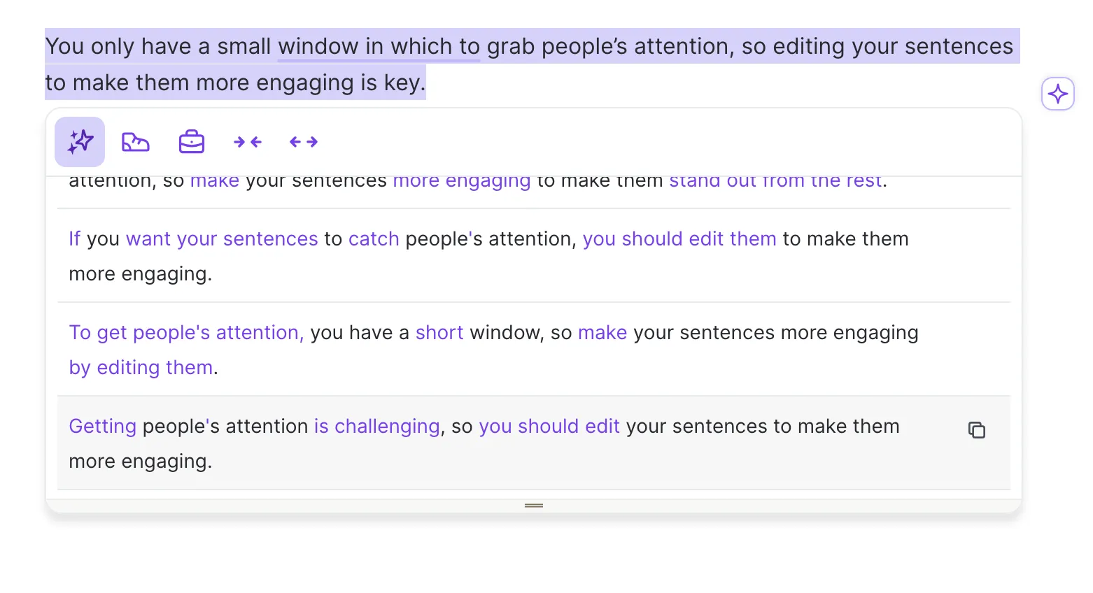Wordtune Rewrite panel showing several alternative versions of a selected sentence