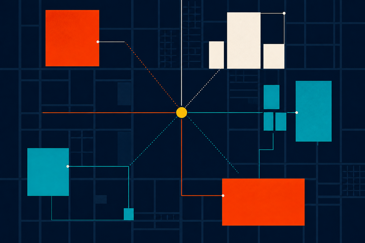 Abstract Swiss-style network of geometric blocks connected to a yellow center point