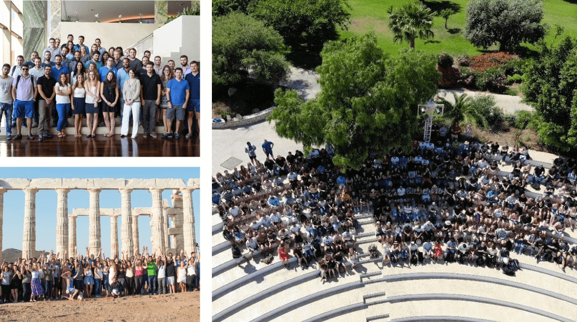 Collage of Workable colleagues gathered at company summits, including a Greek temple and an outdoor amphitheatre