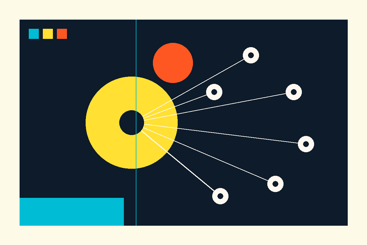 Swiss-style graphic of a marketplace network connecting a central hub to many nodes