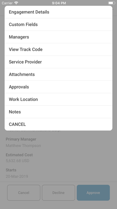 Workforce Logiq Mobile screenshot showing engagement details and approvals