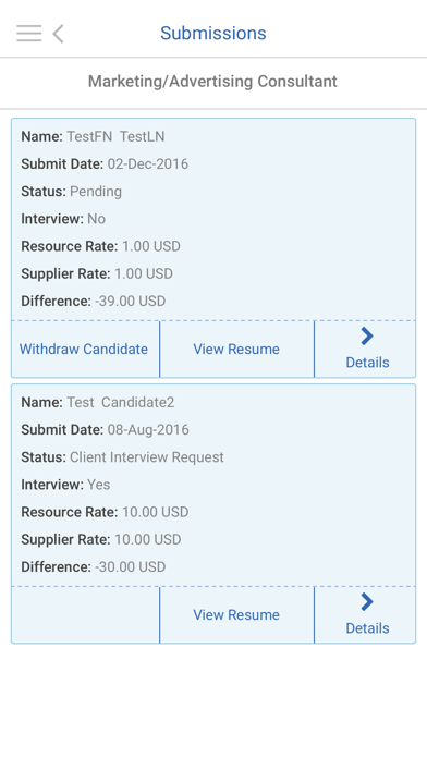 Workforce Logiq Mobile screenshot showing sample candidate submissions and supplier rates