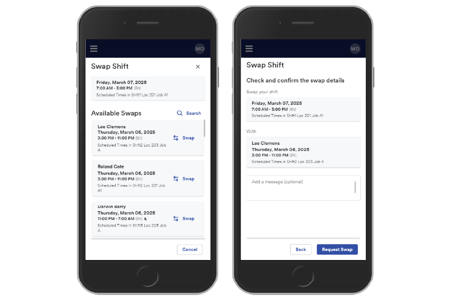 Official WorkForce Software product illustration showing two mobile screens used to swap a shift