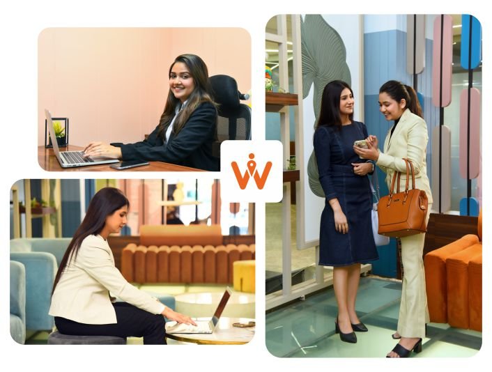 Workie promotional collage showing people using desks and lounge seating in a colorful office