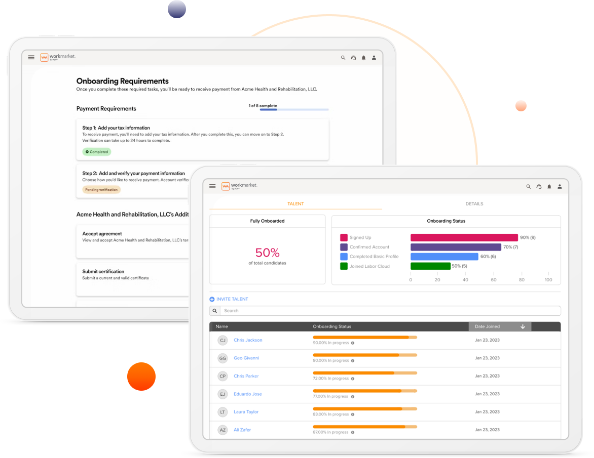 WorkMarket product screens showing contractor onboarding requirements and a talent dashboard
