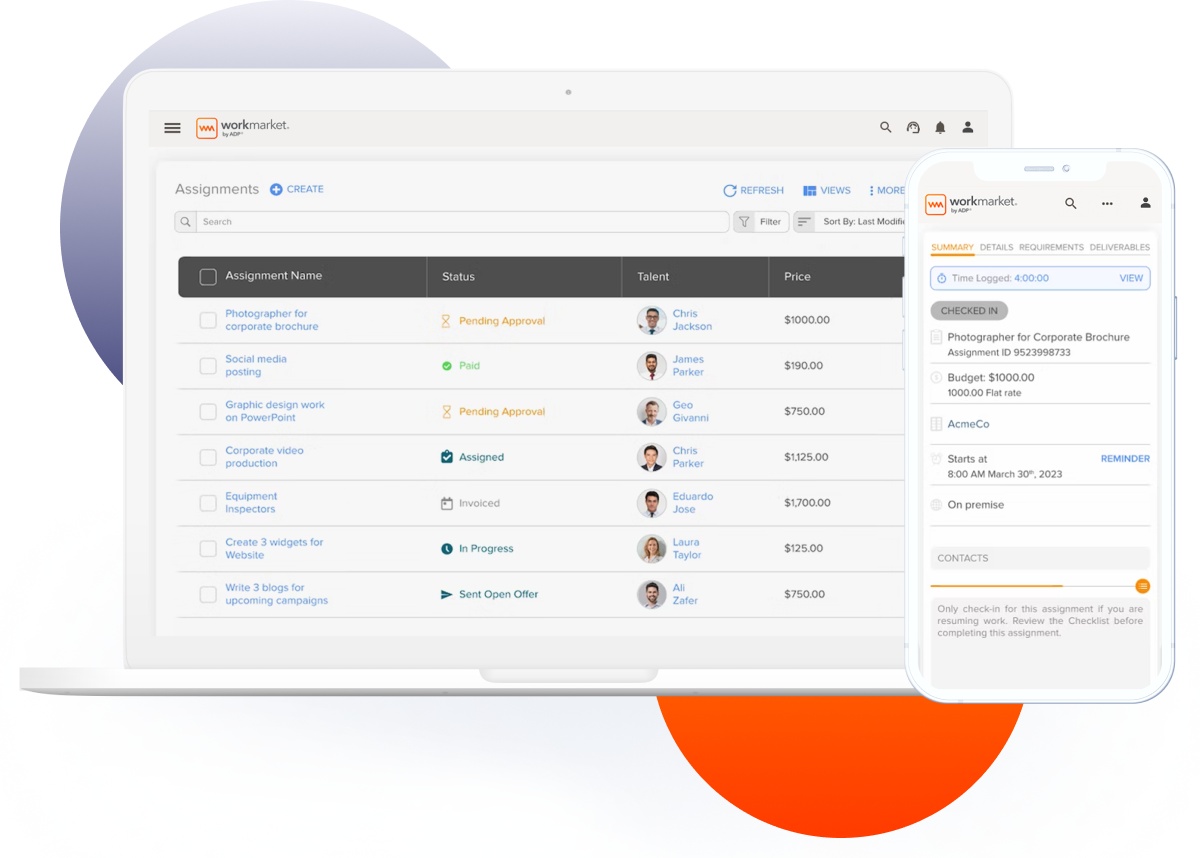 WorkMarket desktop and mobile product screens showing assignment management