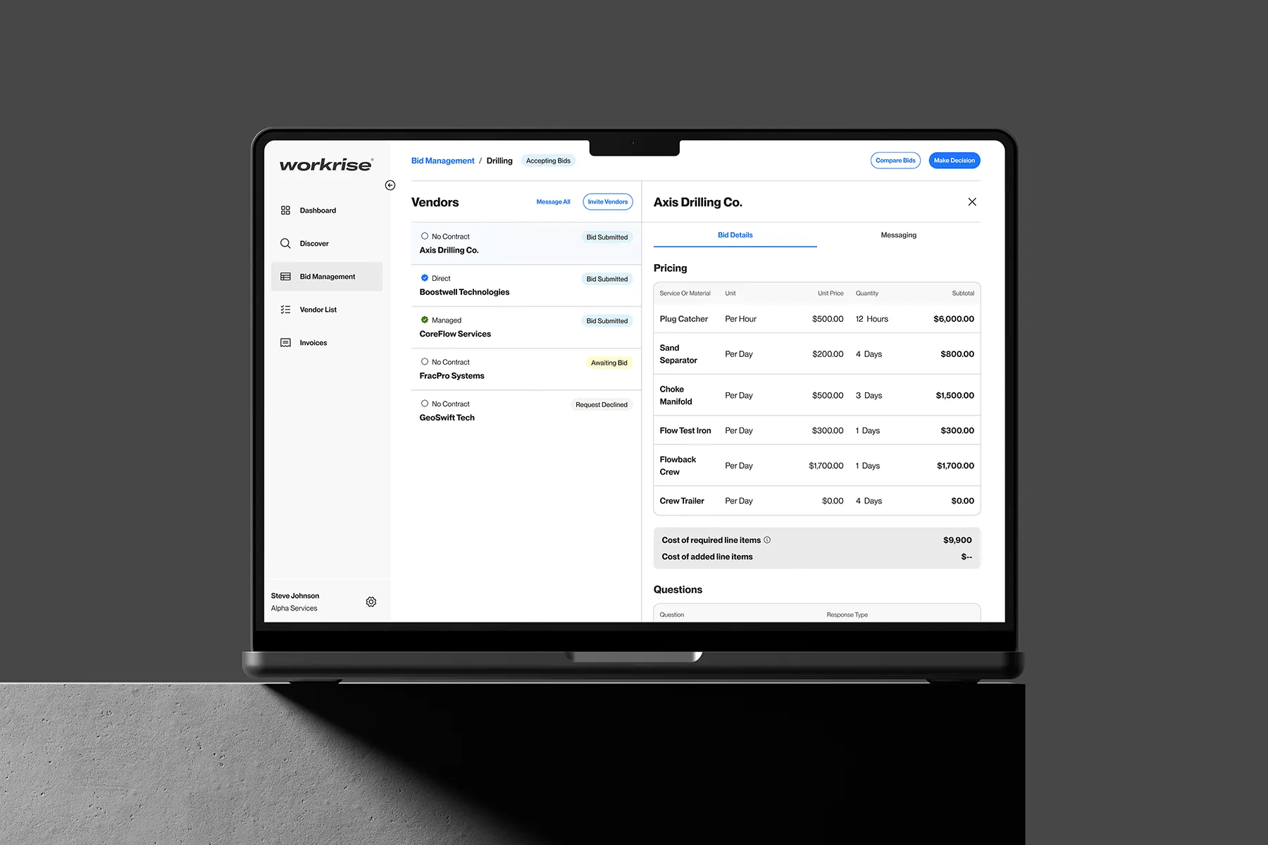 Workrise operator interface showing the bid-management workflow