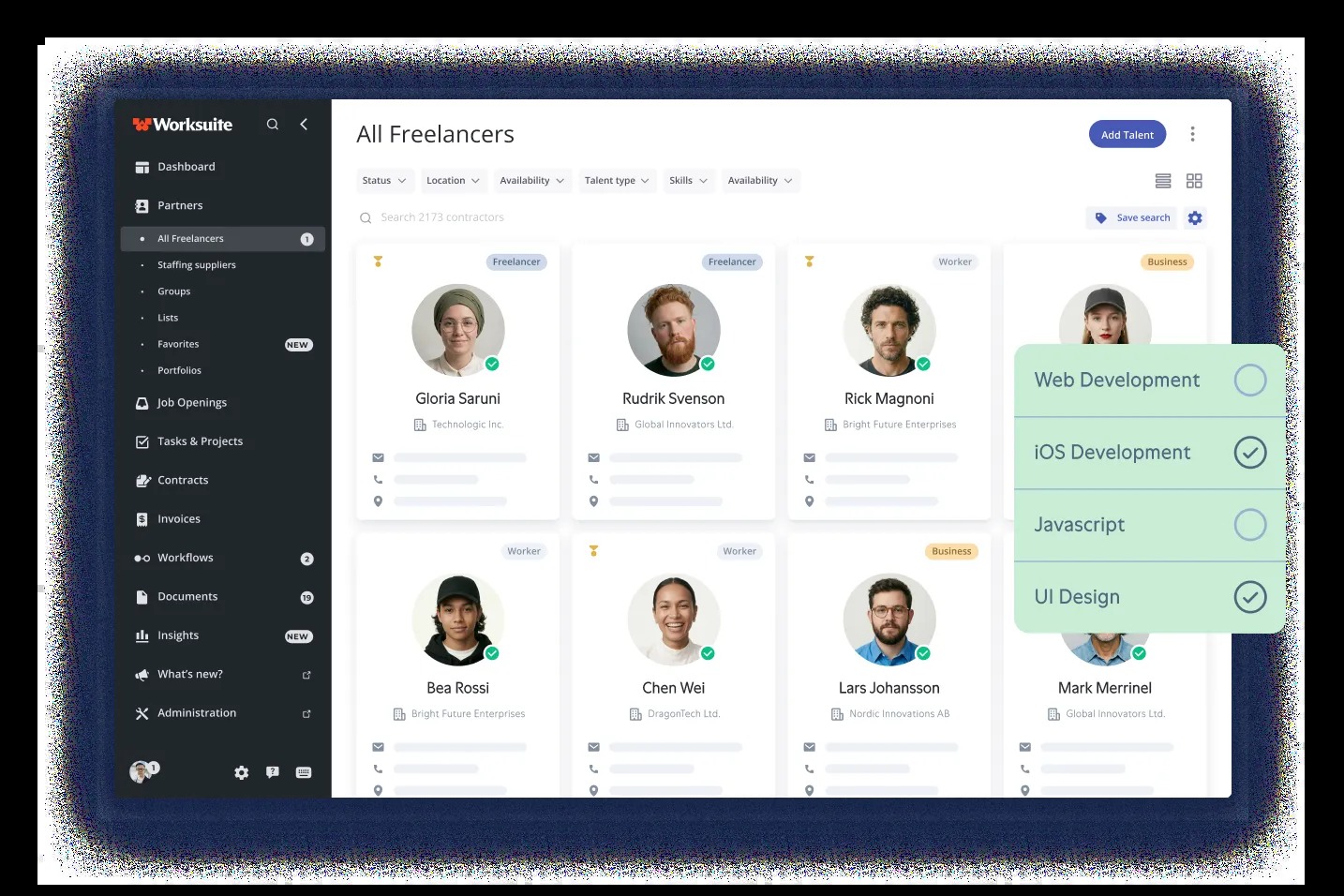 Worksuite talent directory interface with freelancer cards and search filters