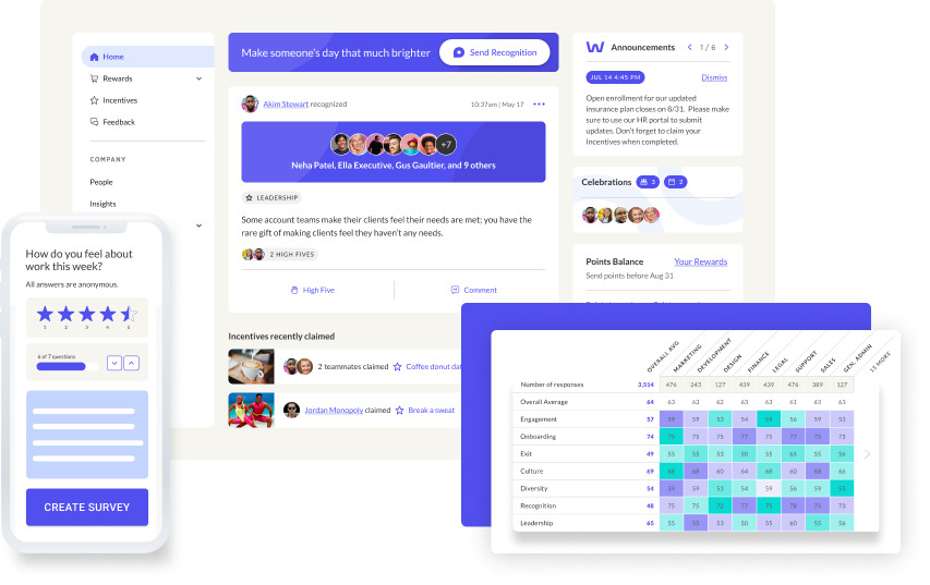 WorkTango product interfaces showing survey insights and employee recognition