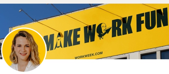 Becca Sherman pictured beside a yellow Workweek billboard reading Make Work Fun