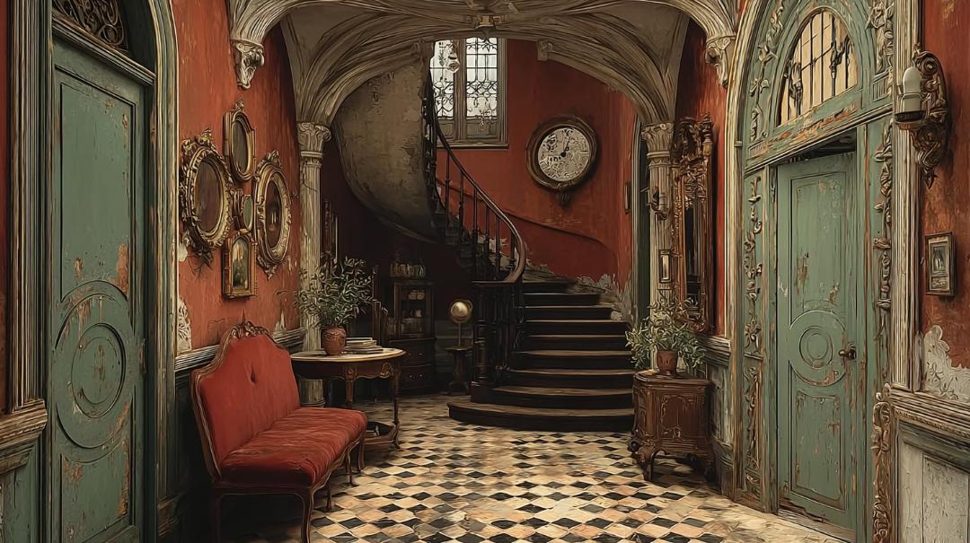 An ornate Victorian foyer with green doors, a curved staircase and patterned floor, used as a Marble image input